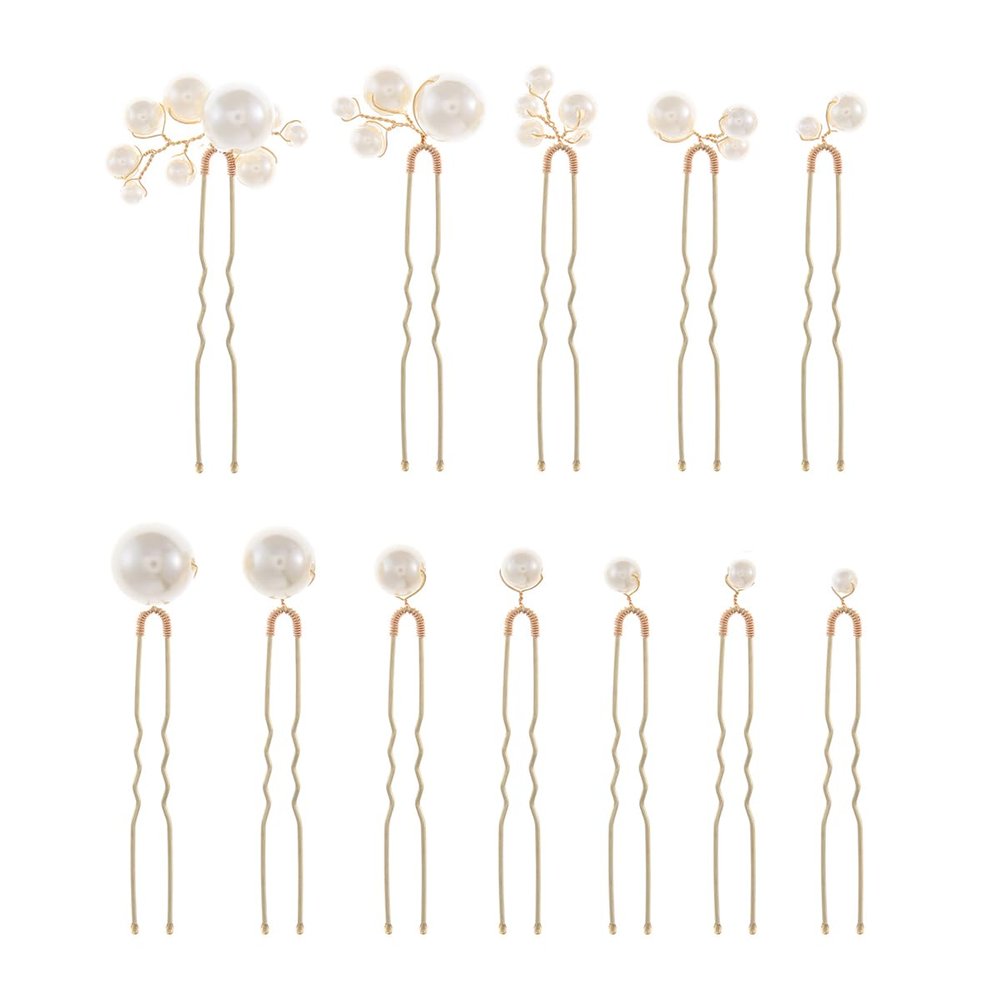 12 Pieces Bridal Wedding Hair Pins Handmade Pearl Bridal Hair Accessories for Brides Women Girls Gold