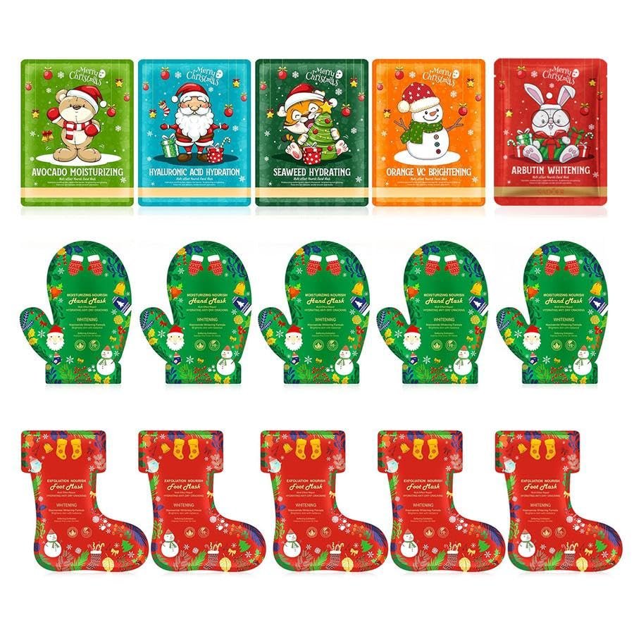 15 Pack Christmas Gifts Face Mask, Moisturizing Hand Gloves and Foot Socks for Dry Cracked Feet, Dry Skin Hydrating Skincare Set, Spa Party Supplies, Christmas Stocking Stuffer (moisturizing Sets)
