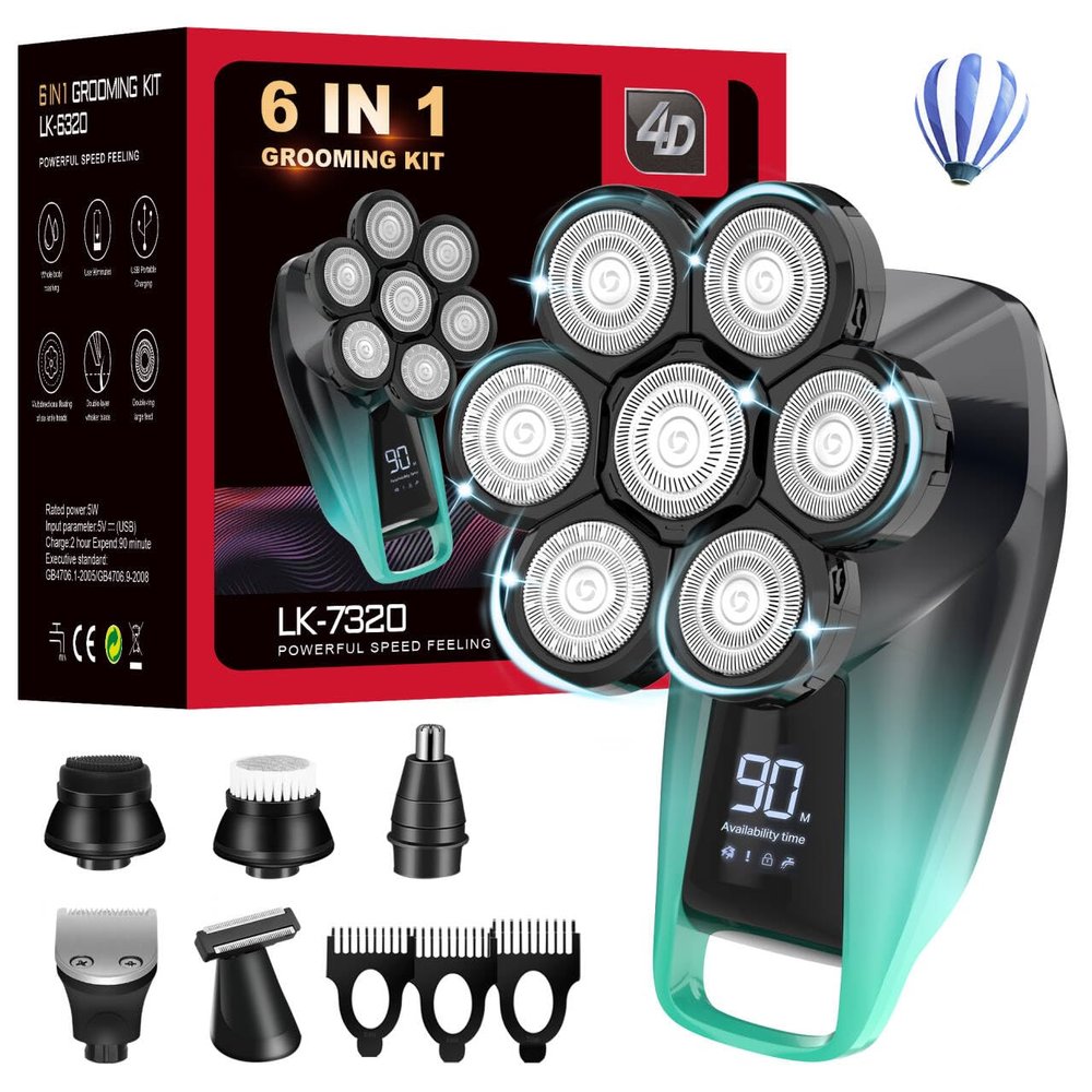 6 in 1 Electric Razor - Waterproof Bald Head Shavers for Men, Electric Mens Head Shaver with Nose Trimmer, Cordless Shaving Machine for Face, Beard, Scalp, Body Hair - Wet & Dry Use