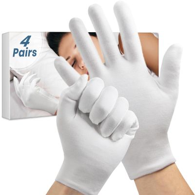 4 Pairs White Gloves, Breathable Cotton Gloves for Dry Hands Sleeping, Washable Eczema Moisturizing Glove Overnight for Women Men, Christmas Wedding Costume Work Glove for Serving Inspection