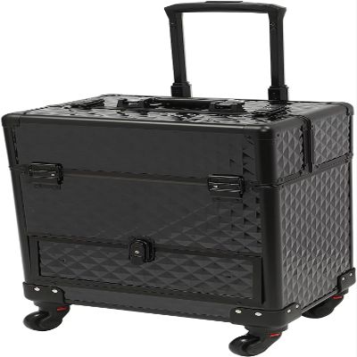 PalaUha Rolling Makeup Train Case Professional Cosmetic Organizer Trolley with Drawers Compartment Nail Case Wheeled Manicure Pedicure Storage Case for Hair Stylists Makeup Artists (Black)