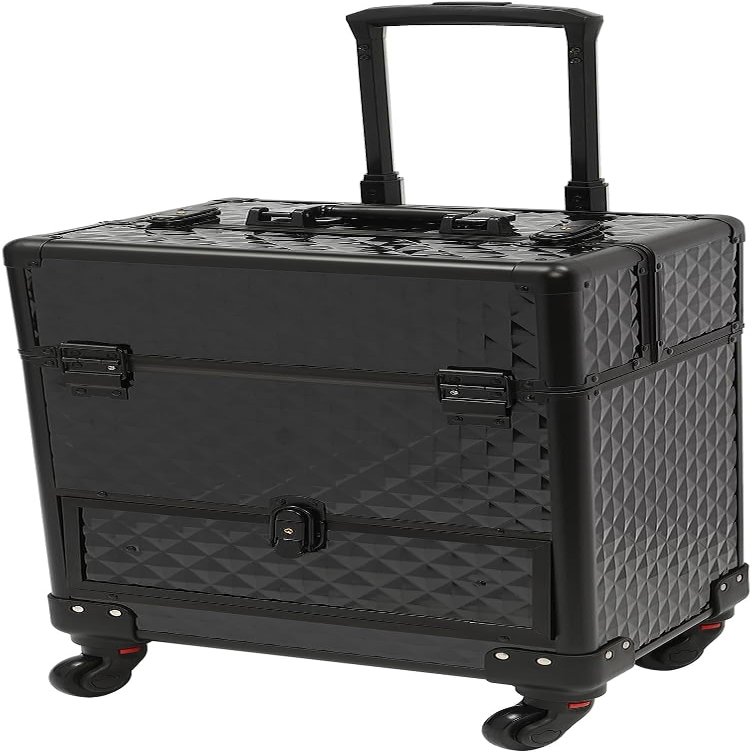 PalaUha Rolling Makeup Train Case Professional Cosmetic Organizer Trolley with Drawers Compartment Nail Case Wheeled Manicure Pedicure Storage Case for Hair Stylists Makeup Artists (Black)