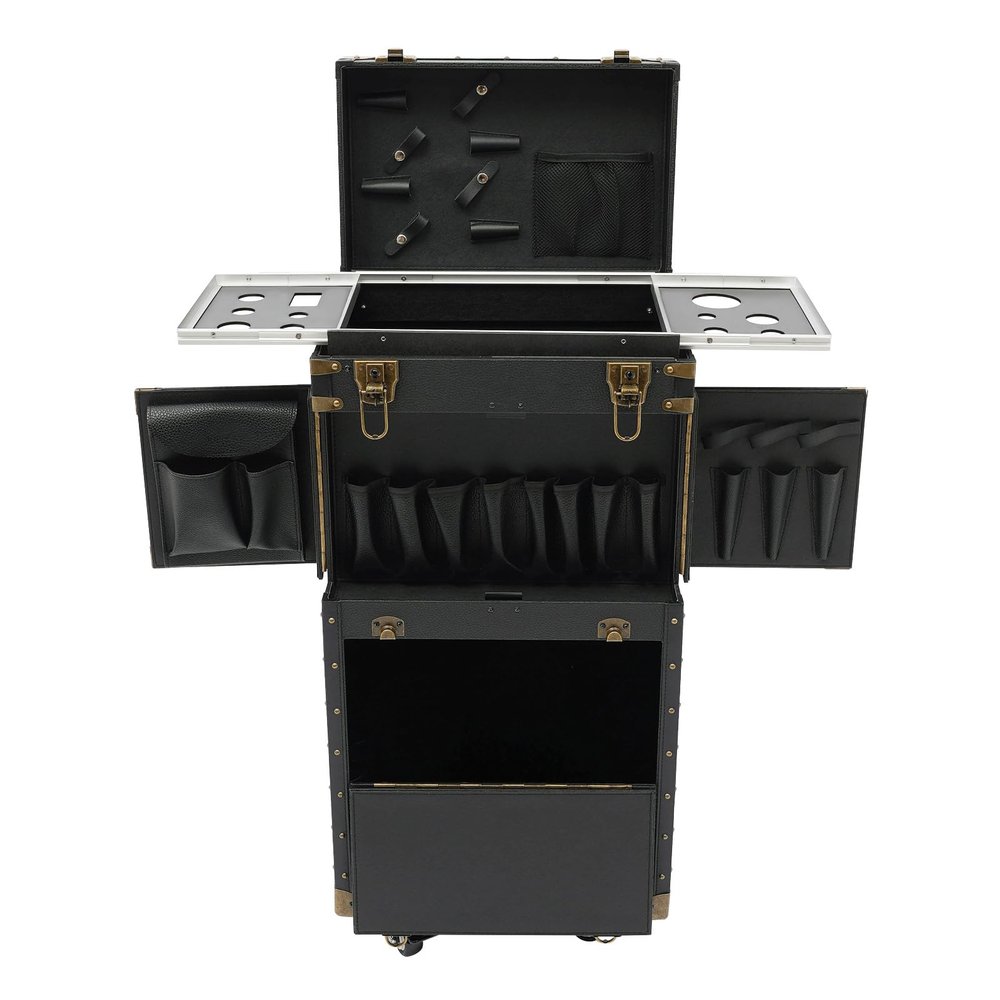 Beauty Salon Luggage, Large Makeup Train Case with 4 Wheels, Black Lockable Multi-Functional Cosmetic Suitcase Hair Stylist Rolling Case Organizer Box for Manicurists, Hairstylists, Beauticians