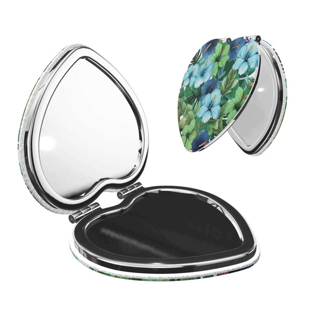 Green and blue hibiscus flowers Makeup Mirror 2-Sided 1X/2X Magnification Compact Mirror Small Pocket Mirror for Purse Folding Portable Handheld Mirror Travel Makeup Mirror for Gift Heart Shape