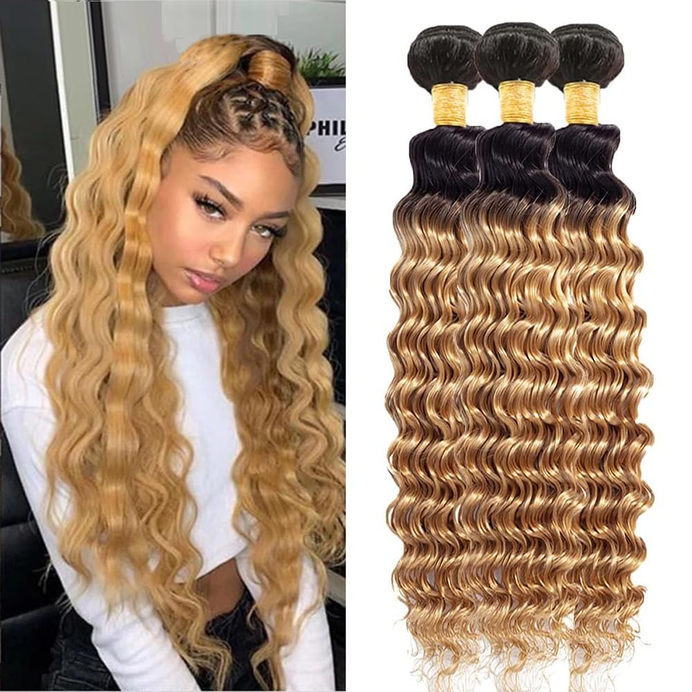 10 12 14 inch Ombre Human Hair Bundles 1B27 Honey Blonde Bunldes Deep Wave Bundles Human Hair Wet And Wavy Bundle Hair Real Unprocessed Virgin Weave Hair For Black Women
