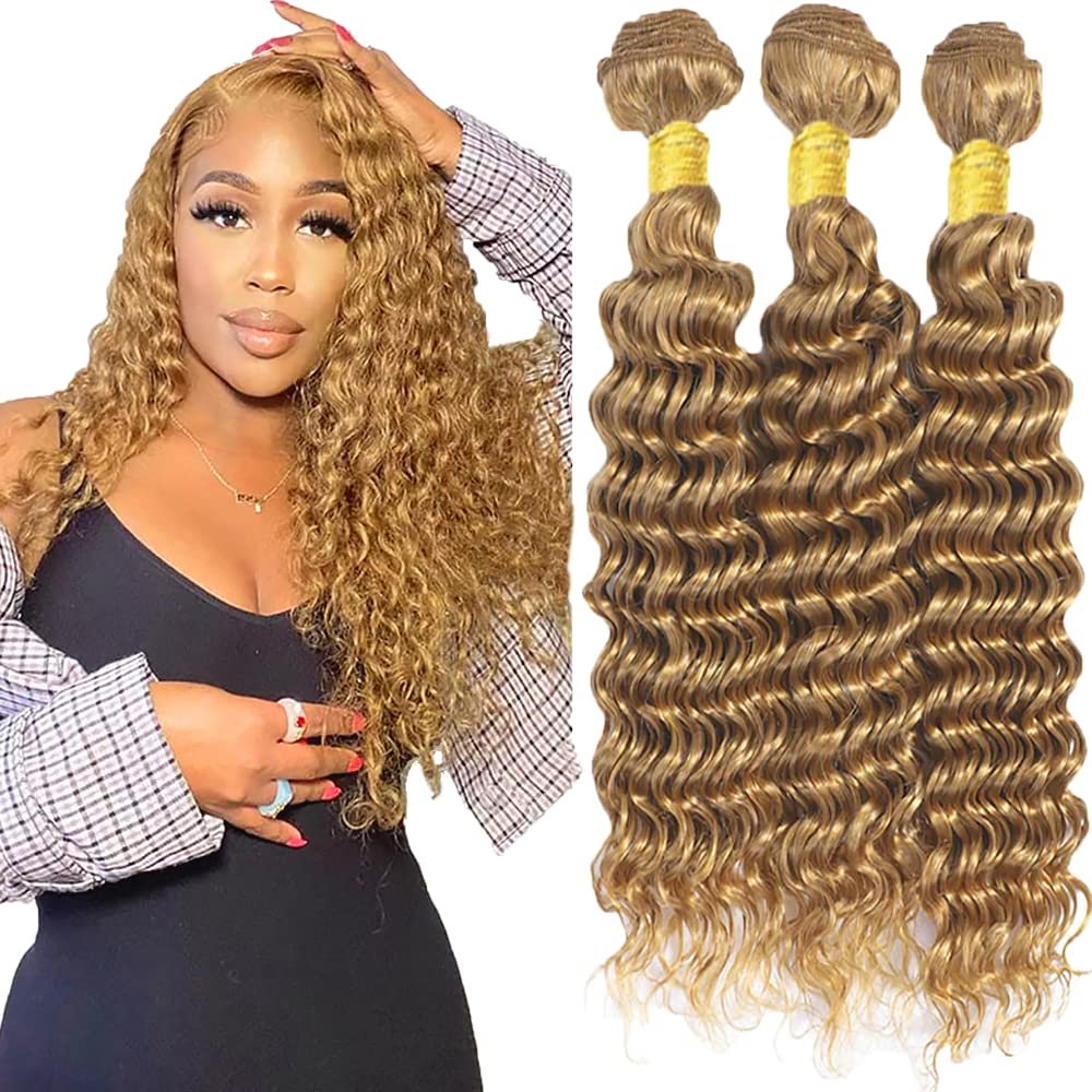 10 12 14 Inch Color 27 Human Hair Bundles Honey Blonde Bundles Deep Wave Bundles Human Hair Double Weft Wet And Wavy Bundle Hair For Black Women Blonde Boby Wave Bundles Human Hair