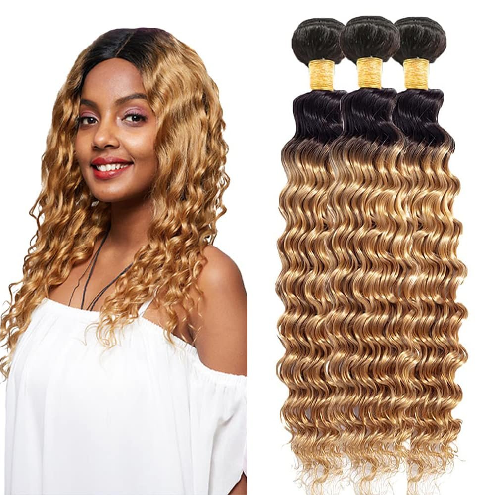 10 12 14 Inch Honey Blonde Bundlse Human Hair 1B27 Ombre Deep Wave Bundles Double Weft Brazilian Virgin Two Tone Black and Bonde Deep Wave Human Hair Extensions