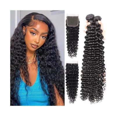 Hair Bundles, Brazilian Human Hair Bundles with Closure Deep Wave Human Hair Weave Extensions Natural Black Remy Hair Bundles With Lace Frontal for Black Women,Easy to Wear and Style(4" x 4",22 22 24