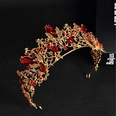 XMKJCHA Hair Jewelry Crown Tiaras for Women Red Rhinestone Bridal Tiara Crown Vintage Gold Baroque Crystal Diadem for Brides Headband Wedding Hair Accessories (Color : Style 4 Red)