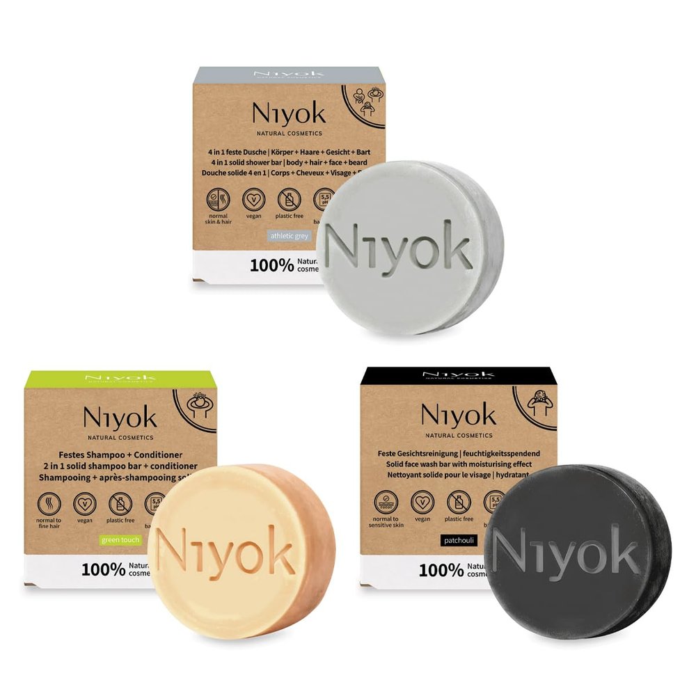 Niyok Natural Cosmetics Shower Bar 3-Pack including Green Touch Shampoo + Conditioner 80g, Patchouli Face Wash Bar 80g, Athletic Grey 4-in-1