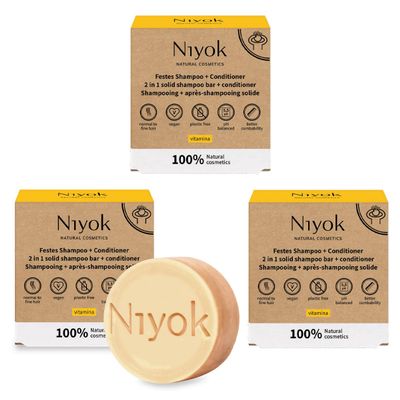 Niyok Natural Cosmetics 2-in-1 Solid Shampoo + Conditioner Bar, Vitamina Scent, 80g, 3-Pack