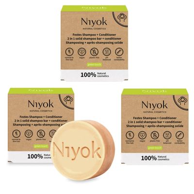 Niyok Natural Cosmetics 2-in-1 Solid Shampoo + Conditioner Bar, Green Touch Scent, 80g, 3-Pack