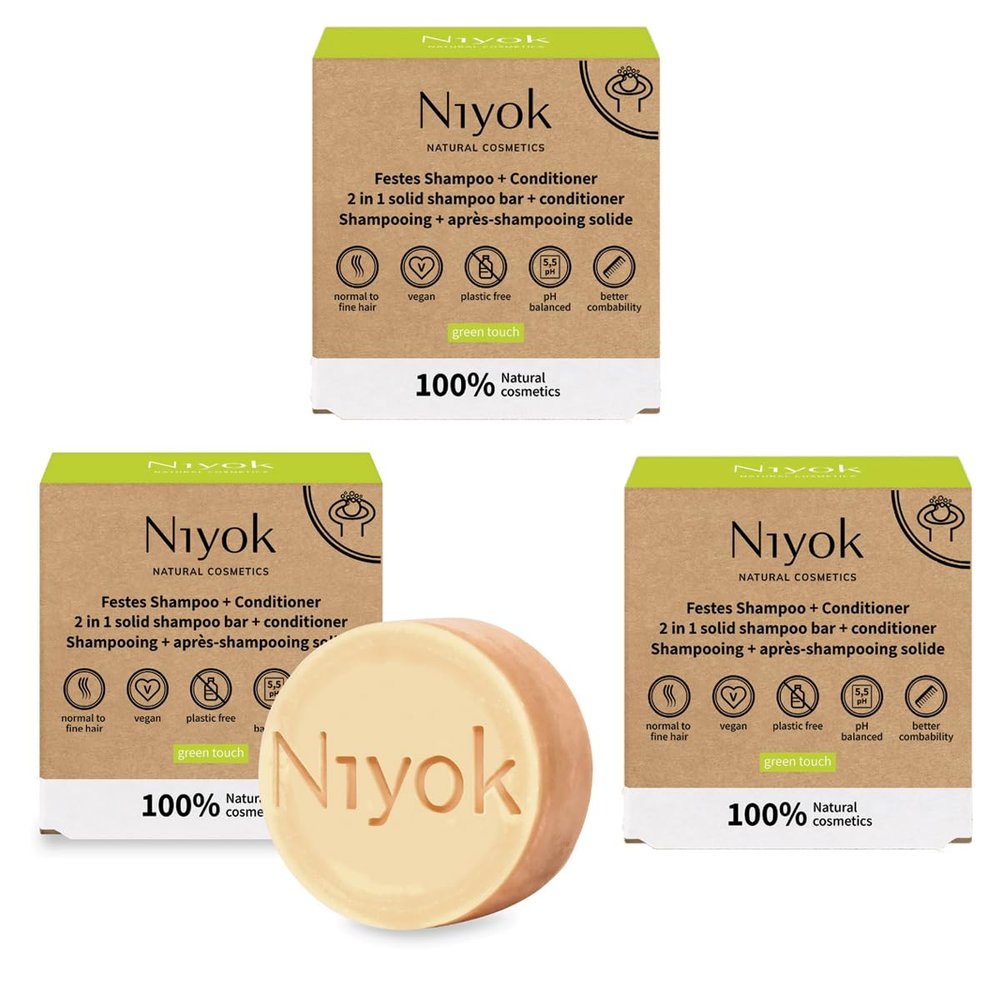 Niyok Natural Cosmetics 2-in-1 Solid Shampoo + Conditioner Bar, Green Touch Scent, 80g, 3-Pack