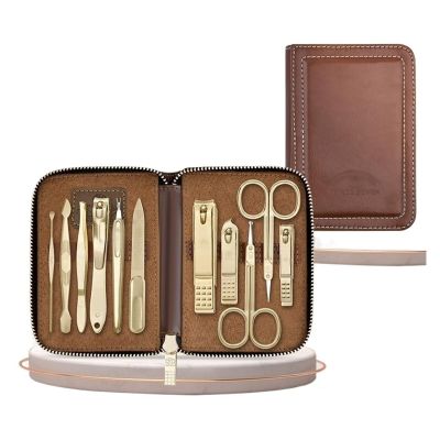 Bustards Nail Clipper Set 11 Piece Manicure Pedicure Set & Grooming Kit for Men and Women, Carbon Steel Gilded Tools, Portable Travel Case & Professional Nail Clippers Fingernail Clipper(Brown)