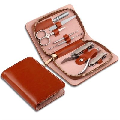 Bustards Nail Clipper Set Manicure Set, Professional Nail Clipper Kit Manicure Kit, 8 Pcs Stainless Steel Nail Care Kit Pedicure Grooming Kit, with Leather Travel Case Fingernail Clipper(Brown)