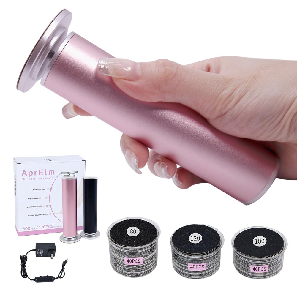 AprElm 4.8IN Longer Electric Foot Callus Remover with 120pcs Sandpaper Discs, Professional Aluminum Callus Remover for Feet, Stepless Speed Control Pedicure Tools for Dead Skin (Pink-pro)