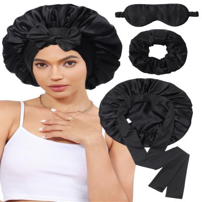 100% Mulberry Silk Bonnet for Sleeping Women Silk Hair Bonnet Elastic Tie Band with Silk Hair Scrunchies Silk Sleep Eye Mask(Black)