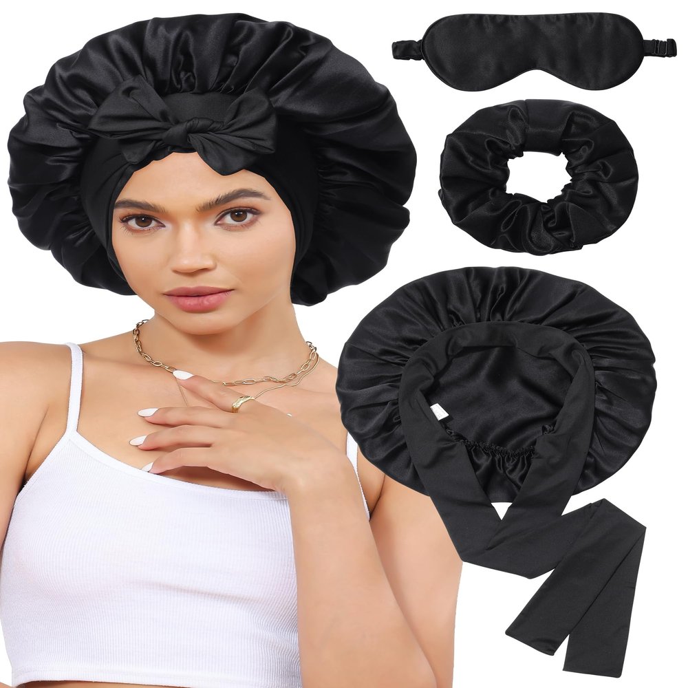 100% Mulberry Silk Bonnet for Sleeping Women Silk Hair Bonnet Elastic Tie Band with Silk Hair Scrunchies Silk Sleep Eye Mask(Black)