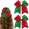 2 Pcs Large Sequin Hair Bow Glitter Cheer Bow Hair Tie Red Green Ribbon Bowknot Hair tie Cheerleader Hair Bow with Ponytail Holder Christmas Hair Accessories for Girls Teen view 1
