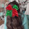 2 Pcs Large Sequin Hair Bow Glitter Cheer Bow Hair Tie Red Green Ribbon Bowknot Hair tie Cheerleader Hair Bow with Ponytail Holder Christmas Hair Accessories for Girls Teen view 3