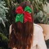 2 Pcs Large Sequin Hair Bow Glitter Cheer Bow Hair Tie Red Green Ribbon Bowknot Hair tie Cheerleader Hair Bow with Ponytail Holder Christmas Hair Accessories for Girls Teen view 4