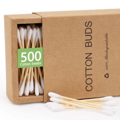 500 Count-Bamboo Double-Tipped Cotton Swabs, Organic & Biodegradable Ear Buds, Multipurpose for Hygiene, Beauty, and Home, Greenness Recyclable Packaging