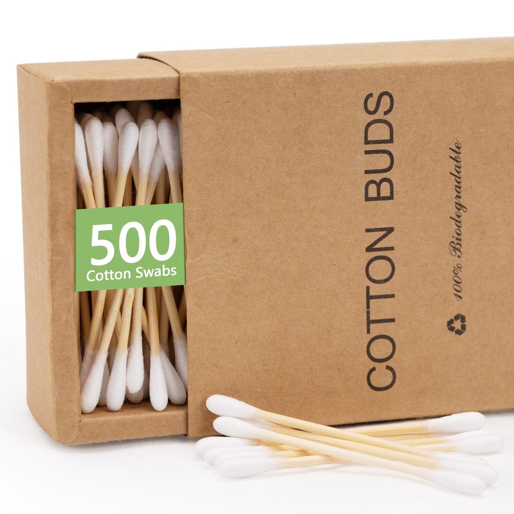 500 Count-Bamboo Double-Tipped Cotton Swabs, Organic & Biodegradable Ear Buds, Multipurpose for Hygiene, Beauty, and Home, Greenness Recyclable Packaging