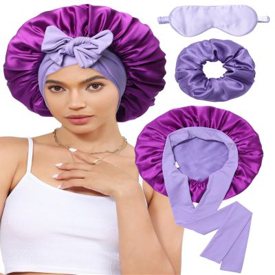 100% Mulberry Silk Bonnet for Sleeping Women Silk Hair Bonnet Elastic Tie Band with Silk Hair Scrunchies Silk Sleep Eye Mask(Wisteria+Violet)