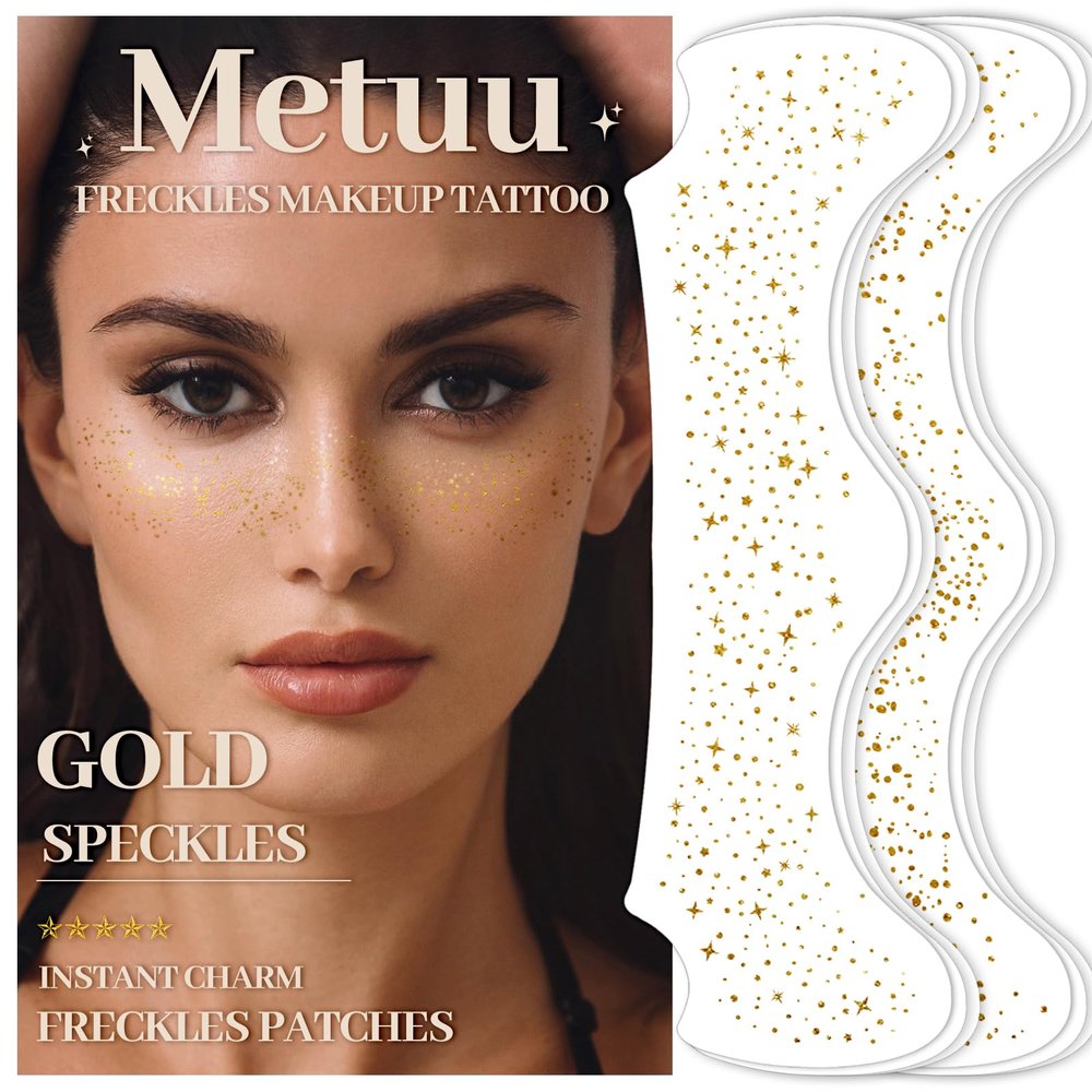 24 Sheets Glitter Freckle Tattoos, Gold Glitter Face Speckles Makeup Temporary Tattoos, Glitter Face Freckle Patches Makeup Accessories for Women and Girls
