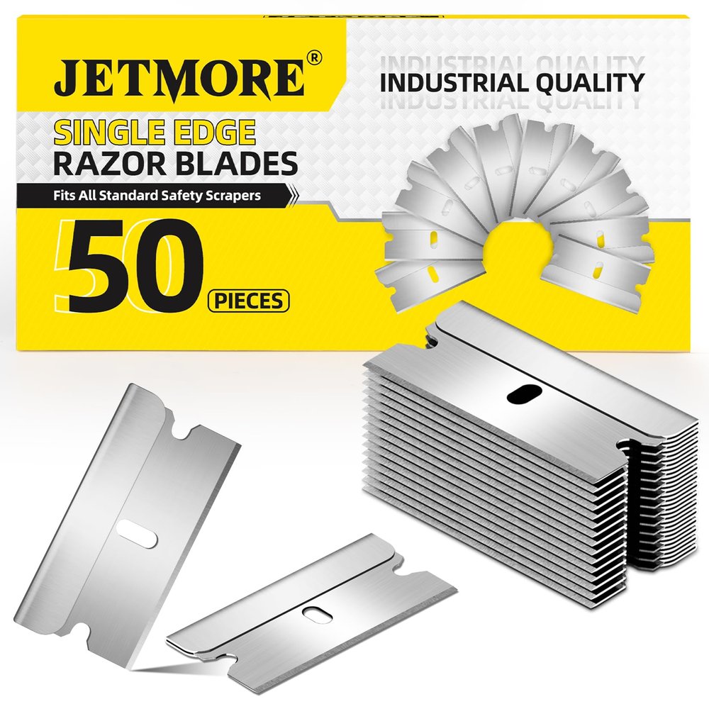 JETMORE Single Edge Razor Blades, 50 Pack High Carbon Steel Razor Blades for Scraper, Sharp Utility Blades for Removing Glue, Stickers, Labels, Paint, Glass, Safety Razor Blades Individually Wrapped