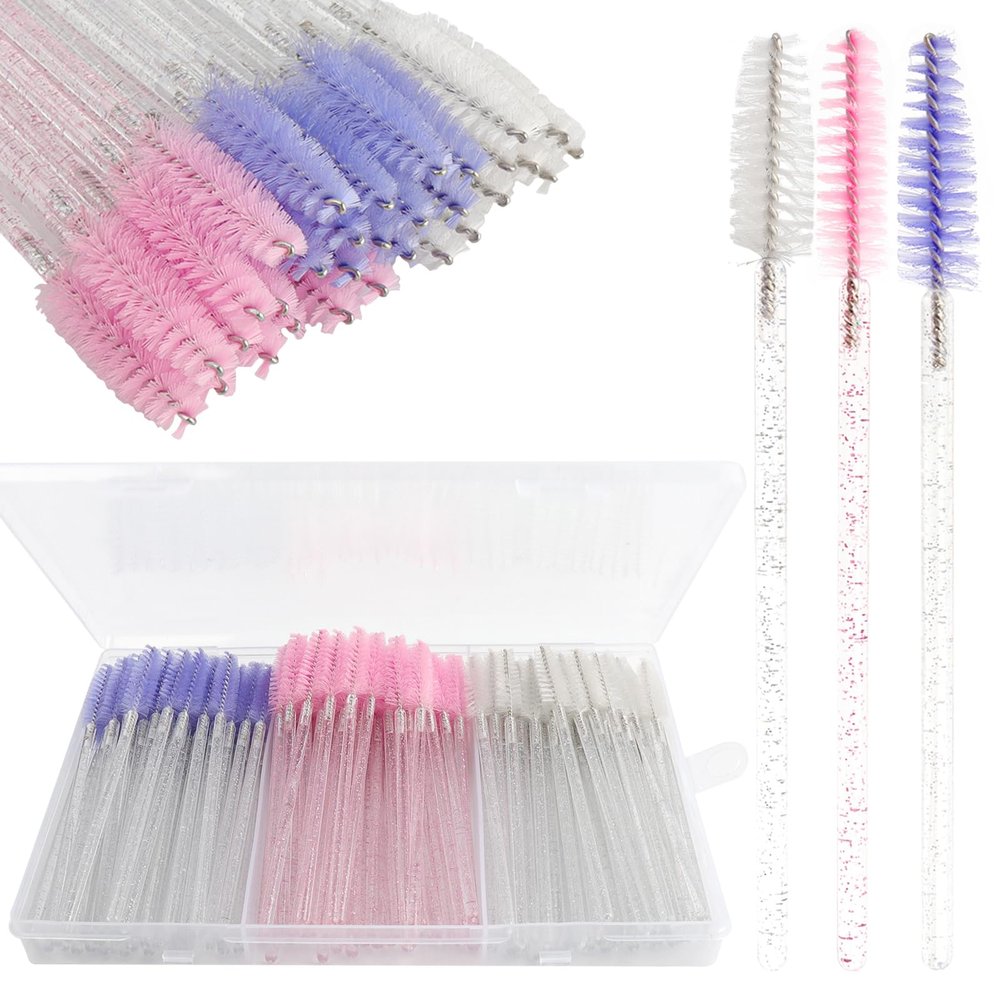 150Pcs Disposable Mascara Wands Spoolie Brush Crystal Eyebrow Brushes Eyelash Extension Applicator Makeup Kits With Container(Mix 3 Color)