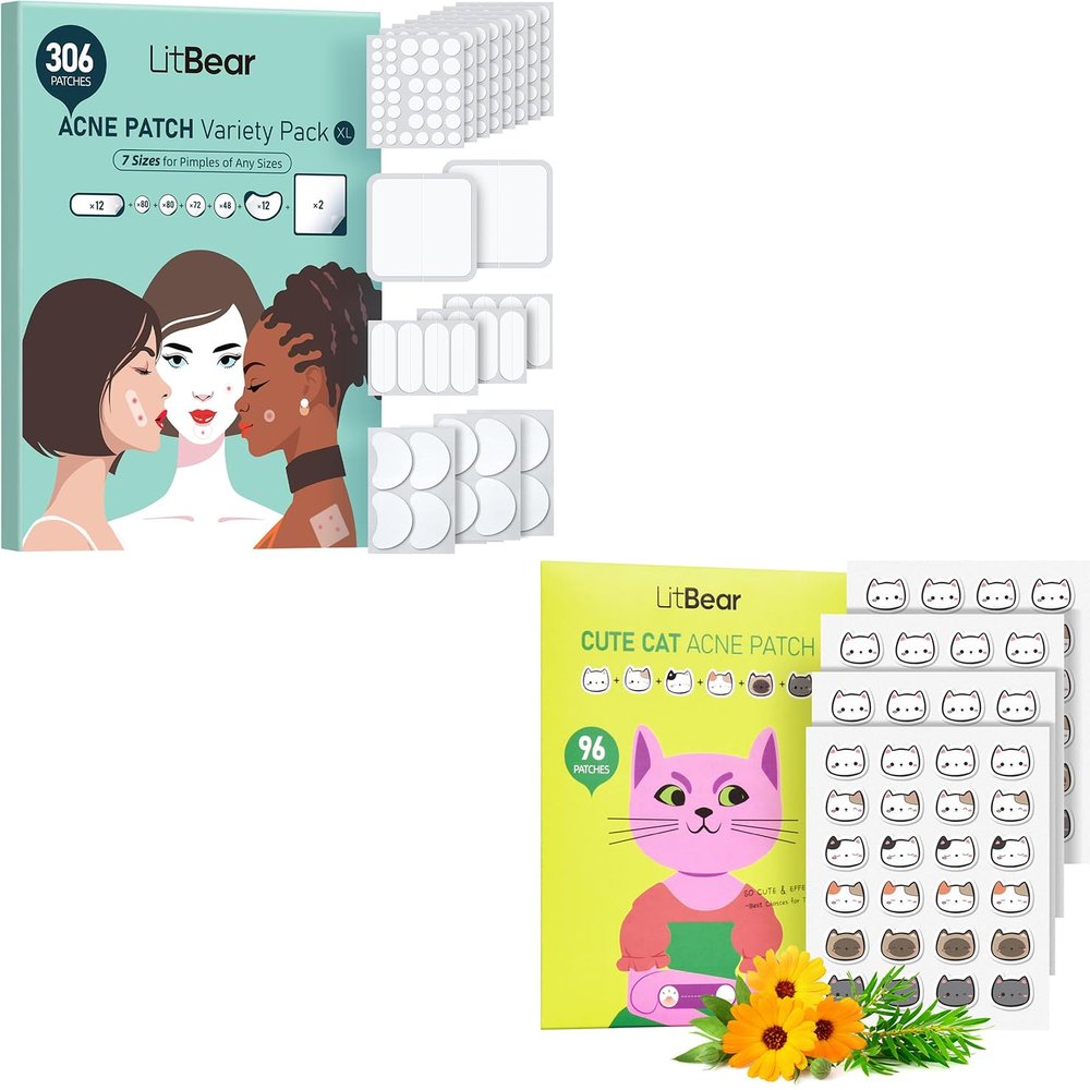 LitBear Large Pimple Patches 7 Sizes 306 Patches + Cat Shaped Acne Patches 96 Patches