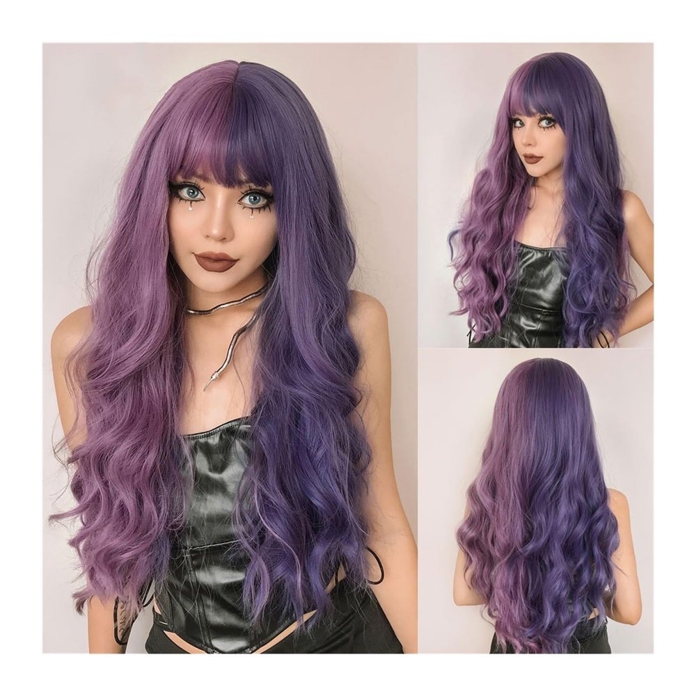 x3anggyt5 Wig for Women Purple Pink Long Wavy Synthetic Wig with Bangs Cosplay Hair Two Tone Ombre Wig For Women Heat Resistant Wig