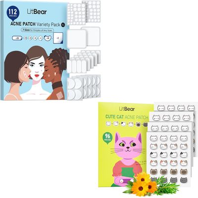LitBear Large Pimple Patches 7 Sizes 112 Patches + Cat Shaped Acne Patches 96 Patches