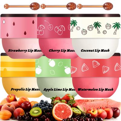 6 PCS Bee Lip Balm Honey Pot, Propolis Lip Mask Overnight, Moisturizing Hydrating Lip Sleeping Mask Prevention Dry and Cracked, Reduce Lip Lines (Strawberry&Watermelon&Honey&Cherry&Coconut&Apple Lime)