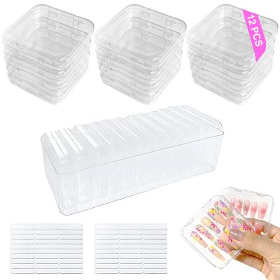 13 Pcs Clear Press On Nail Storage Box Container, False Nail Organizer Case Press On Nail Packaging Box Nail Display Case with Double Sided Tape for Nail Art Home Salon Nail Business Supplies