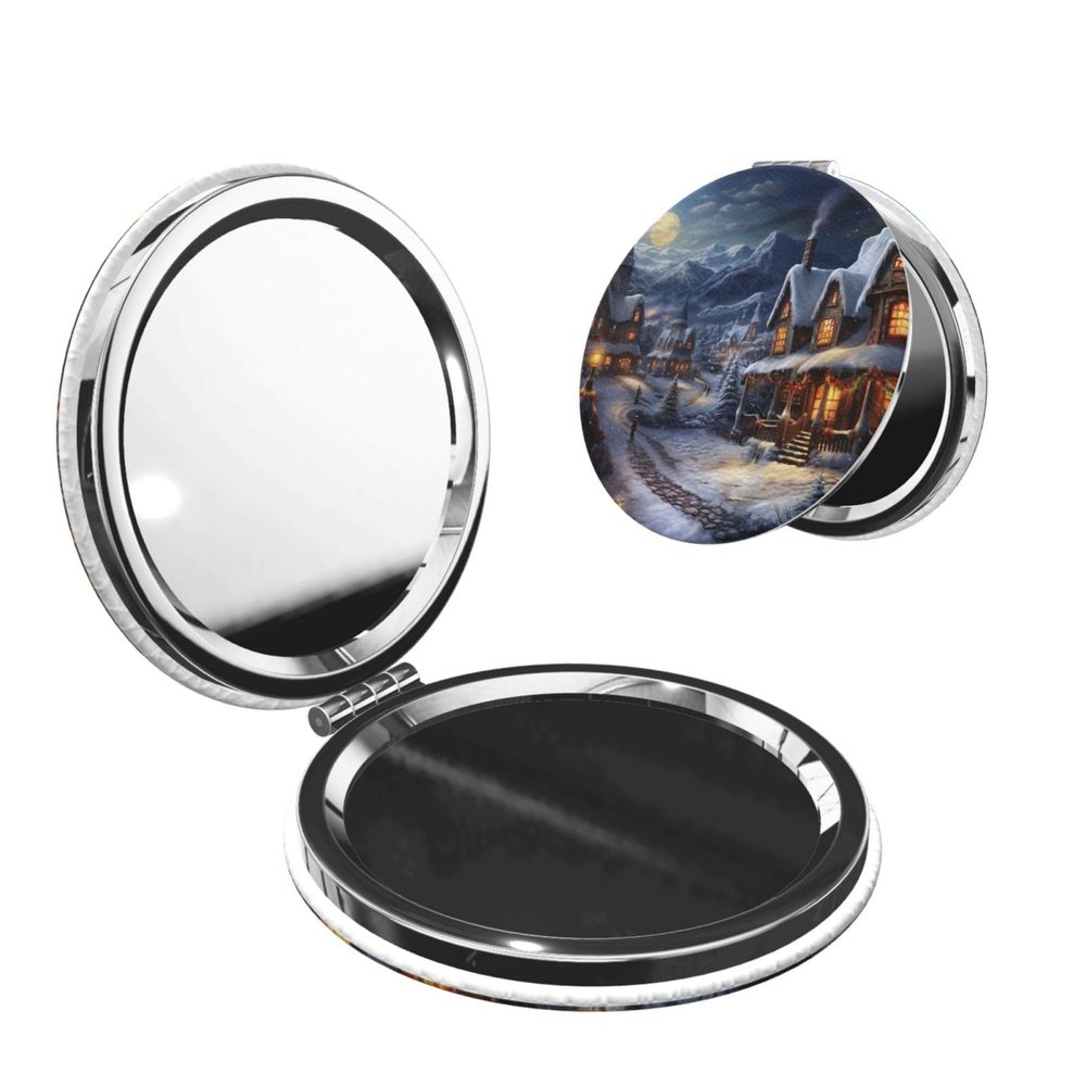LZQPOEAS Christmas Village Makeup Mirror 2-Sided 1X/2X Magnification Compact Mirror Small Pocket Mirror for Purse Folding Portable Handheld Mirror Travel Makeup Mirror for Gift Round Shape
