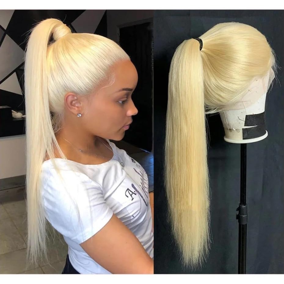 #613 Blonde Human Hair 360 Lace Wigs Silky Straight 180% Density Real 360 Lace Frontal Human Hair Blonde Wigs Pre Plucked with Baby Hair HD Transparent Lace Brazilian Hair Wigs For Woman 18Inch