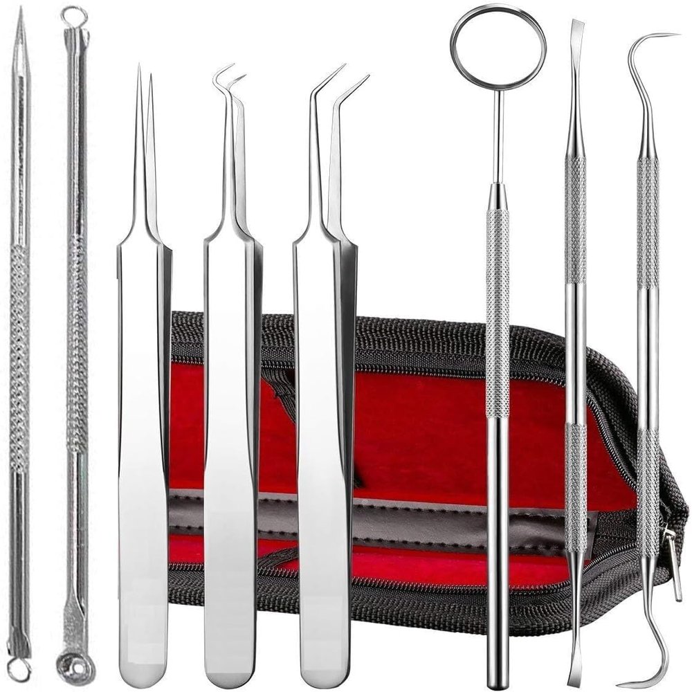 Blackhead Remover Tweezer Kit, 8 Pcs, Comedone Extractor, Whitehead Acne Blemish Pimple Remover