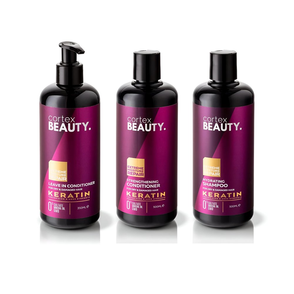 Cortex Beauty | Keratin Hydrating Shampoo, Strengthening Conditioner, and Leave in Conditioner Set