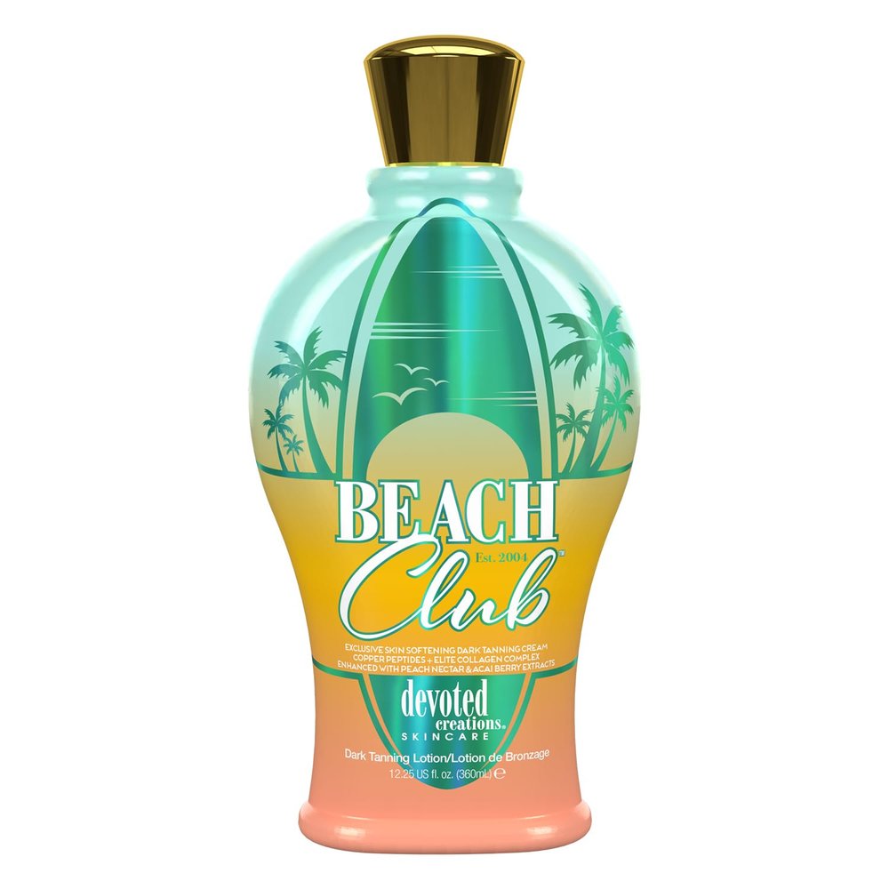 Devoted Creations Beach Club - Exclusive Skin Softening Copper Peptides + Elite Collagen Banking Complex with Peach Nectar & Acai Berry Extracts Indoor/Outdoor Dark Tanning Lotion