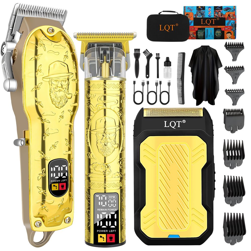LQT Professional Hair Clipper Set for Men Electric Shaver Razor Cordless Hair Cutting Barber Clippers Beard Trimmer Mens Grooming Kit Gifts for him (Gold)