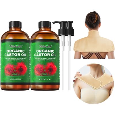 2 Pack 8 oz Castor Oil Organic Cold Pressed Unrefined Glass Bottle | 1 Pcs Castor Oil Pack Wrap for Shoulder, Neck & Upper Back