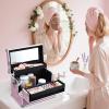 Joligrace Large Makeup Box Organizer, 12 Inch Makeup Train Case with Mirror, Cosmetic Travel Case with 3 Trays, Lockable Train Case for Makeup Artists & Nail Tech Supplies Pink view 4