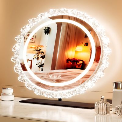 JSLJDM Lighted Makeup Mirror, 48 x 44cm, Dimmable LED Dressing Table Mirror and 3 Adjustable Brightness Modes, Acrylic Lace Design, Plug-in Model, White Black 53x57cm