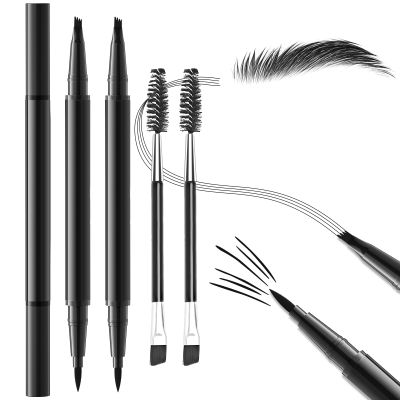 2PCS Microblading Eyebrow Pencil with Brush, 2-In-1 Dual-Ended Waterproof Eyebrow Pen with 4-Fork-Tip & Ultra-Precise-Tip for Hair-Like Natural Eyebrow Makeup, Eye Brow Pencils for Women -Black