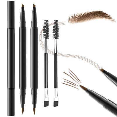 2PCS Microblading Eyebrow Pencil with Brush, 2-In-1 Dual-Ended Waterproof Eyebrow Pen with 4-Fork-Tip & Ultra-Precise-Tip for Hair-Like Natural Eyebrow Makeup, Eye Brow Pencils for Women -Light Brown