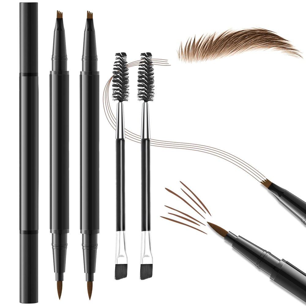 2PCS Microblading Eyebrow Pencil with Brush, 2-In-1 Dual-Ended Waterproof Eyebrow Pen with 4-Fork-Tip & Ultra-Precise-Tip for Hair-Like Natural Eyebrow Makeup, Eye Brow Pencils for Women -Light Brown