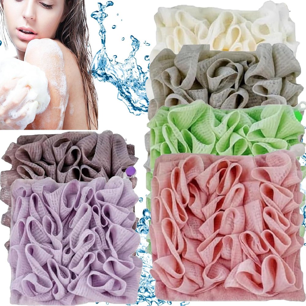 3/6pcs Leeffa Soft Loofah and Washcloth Combo - 2 in 1 Bath Sponge, Soap Pouch With Drawstring(K)