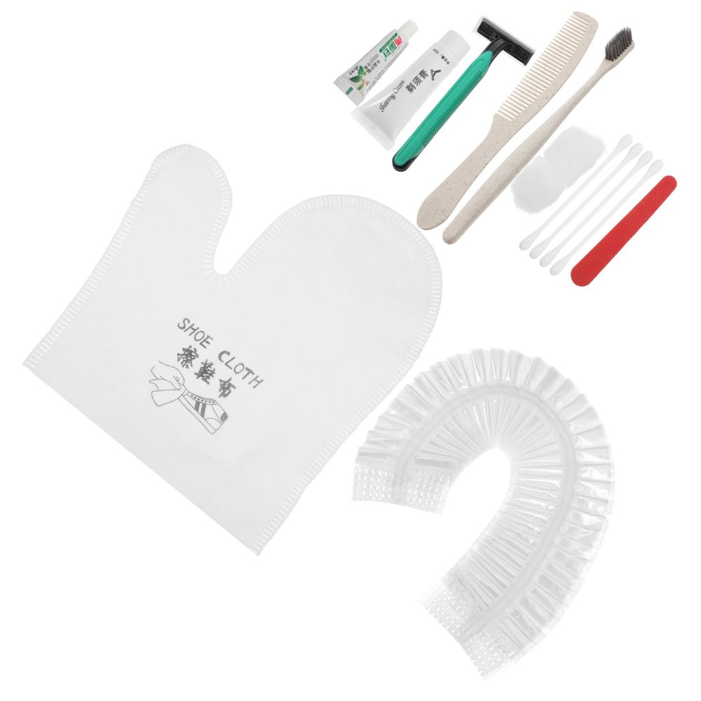 GOOHOCHY 1set Disposable Toothbrush Travel Kit Personal Cleaning Essentials for Hotel Guests Includes Toothbrush Comb Bath Cap Shoe Cloth Random Color Each
